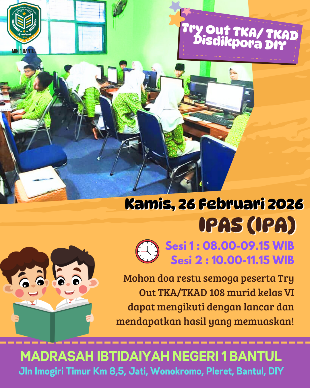 Try Out TKA yang di ikuti oleh seluruh siswa kelas 6 MIN 1 BAJTUL