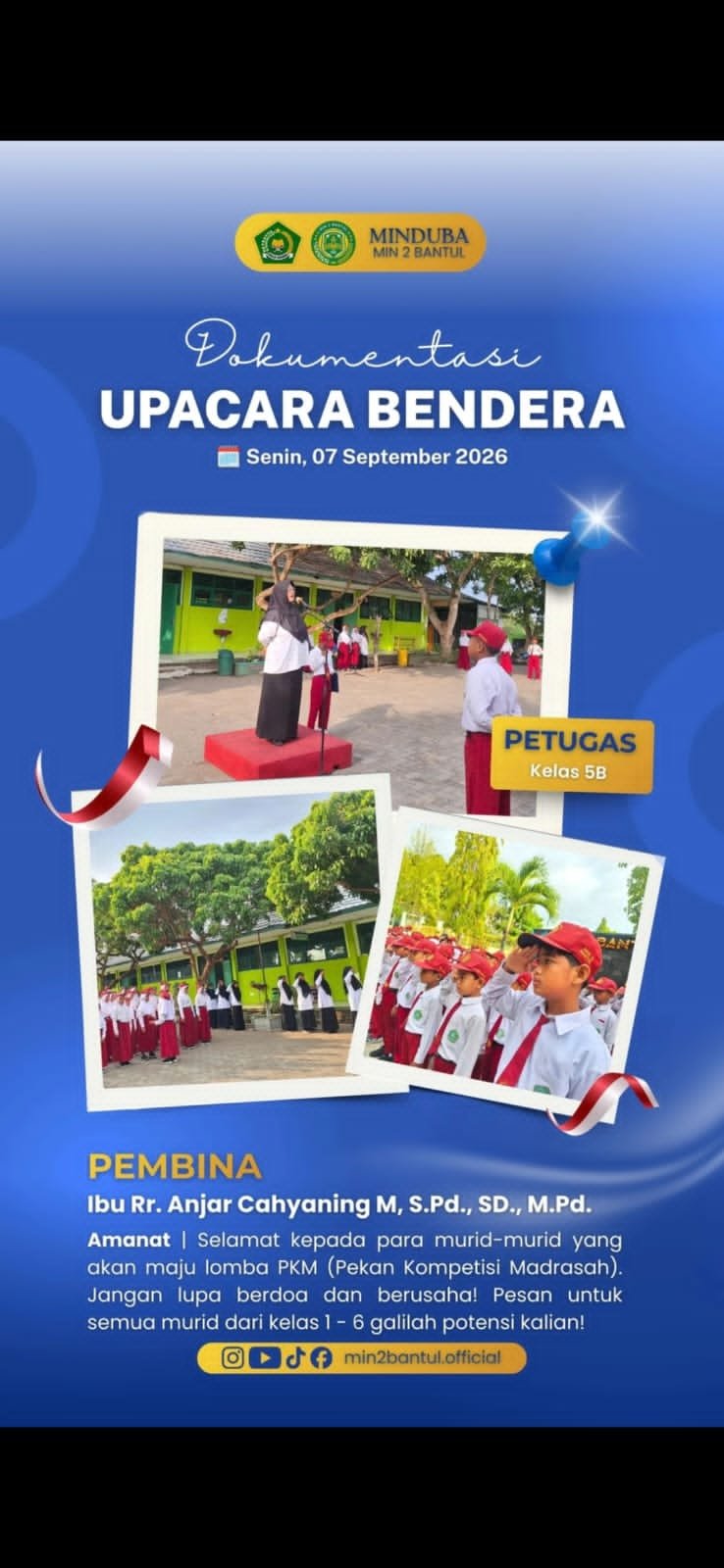 Upacara Senin MIN 2 Bantul, Pembina Beri Motivasi Murid Terpilih Mengikuti PKM 2026