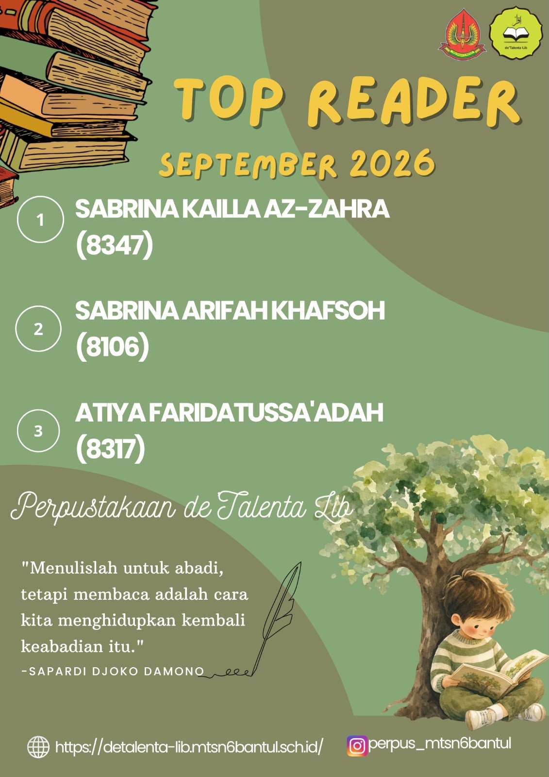 Kukuhkan Budaya Literasi,Perpustakaan De Talenta Lib MTsN 6 Bantul Umumkan Top Reader September 2026