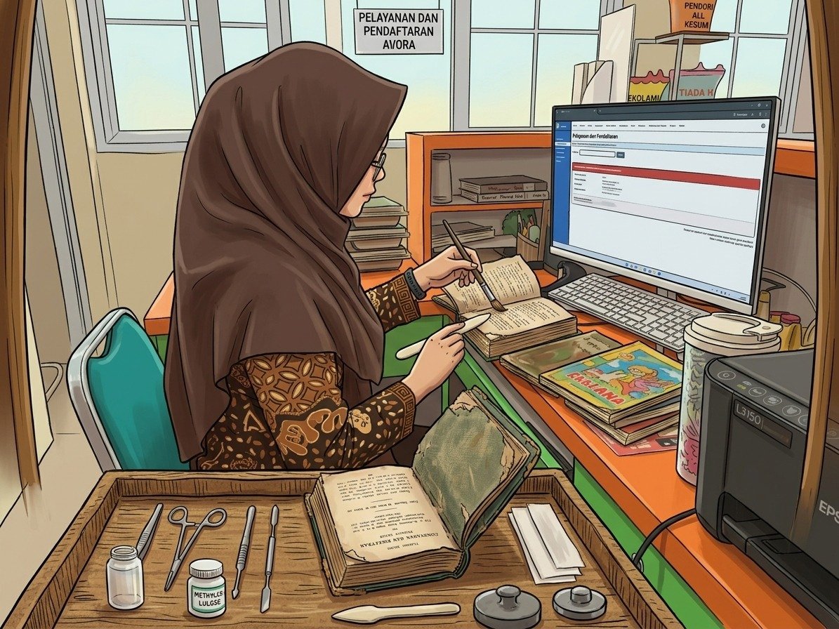 Rawat Koleksi, Pustakawan MTsN 6 Bantul Perbaiki Buku yang Rusak